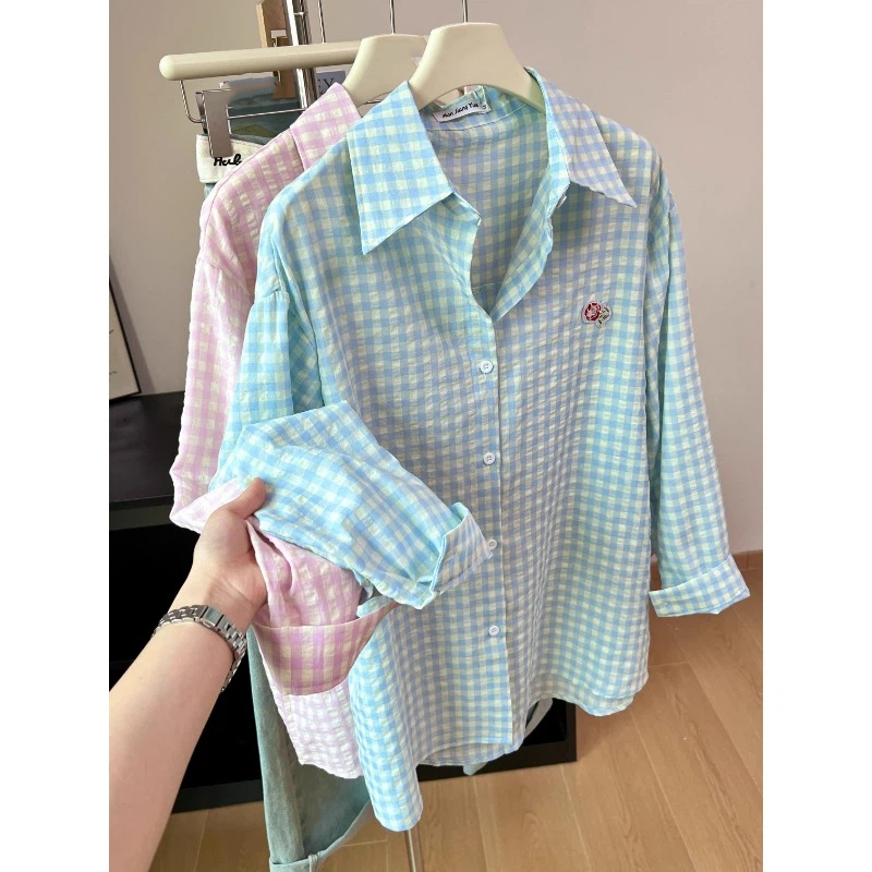 Embroidery Flower Plaid Design - Street Fashion In Korea 评论和价格