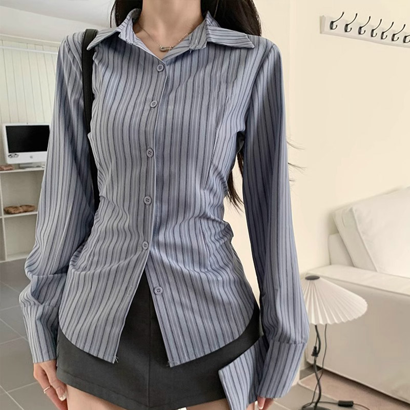 Y2k Striped Shirt Women Long S - Street Fashion In Korea 评论和价格