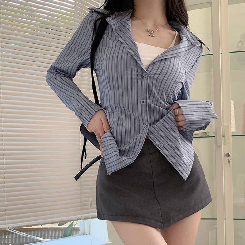 Y2k Striped Shirt Women Long S - Street Fashion In Korea 评论和价格