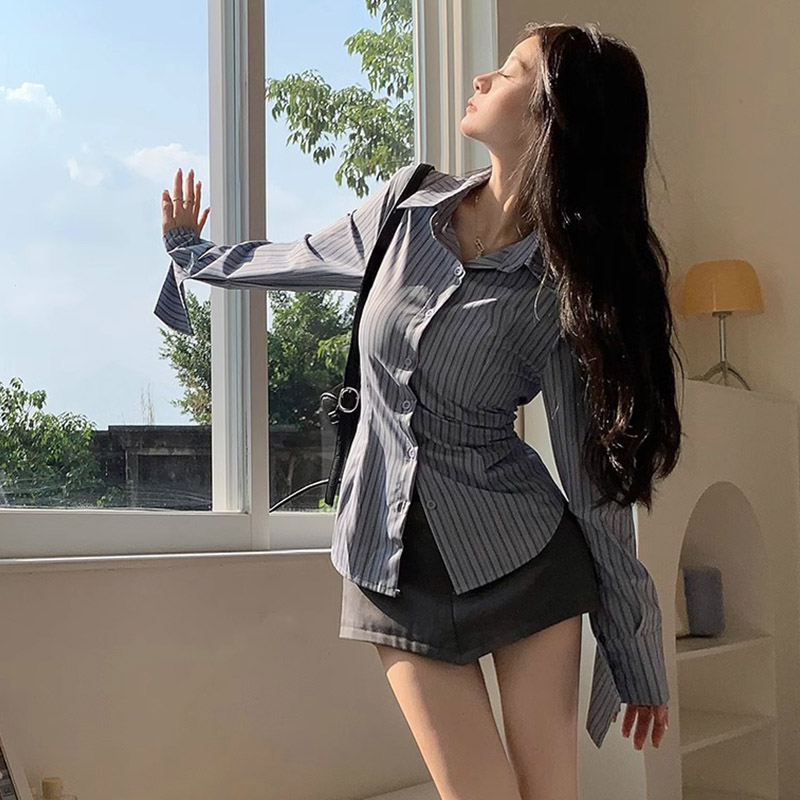 Y2k Striped Shirt Women Long S - Street Fashion In Korea 评论和价格