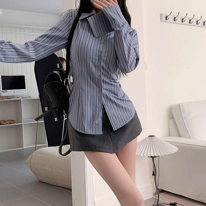 Y2k Striped Shirt Women Long S - Street Fashion In Korea 评论和价格